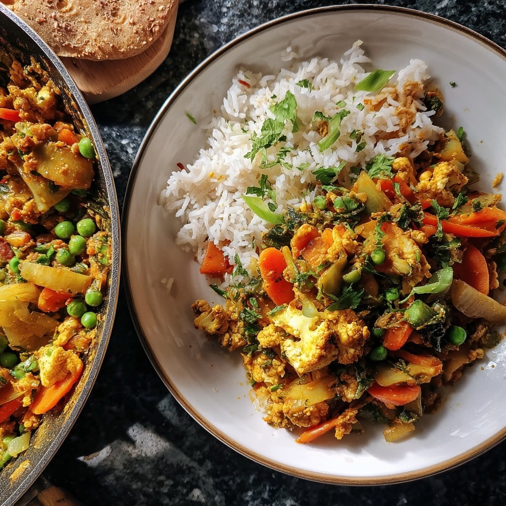 Abendessen mit Gemüsepfanne und Reis